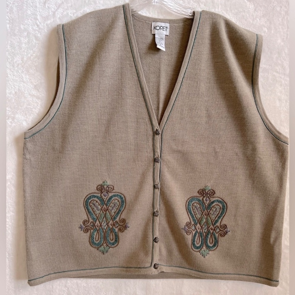 Koret Vintage 80s Embroidery Sleeveless Button Cardigan Sweater Tan Vest 2X
